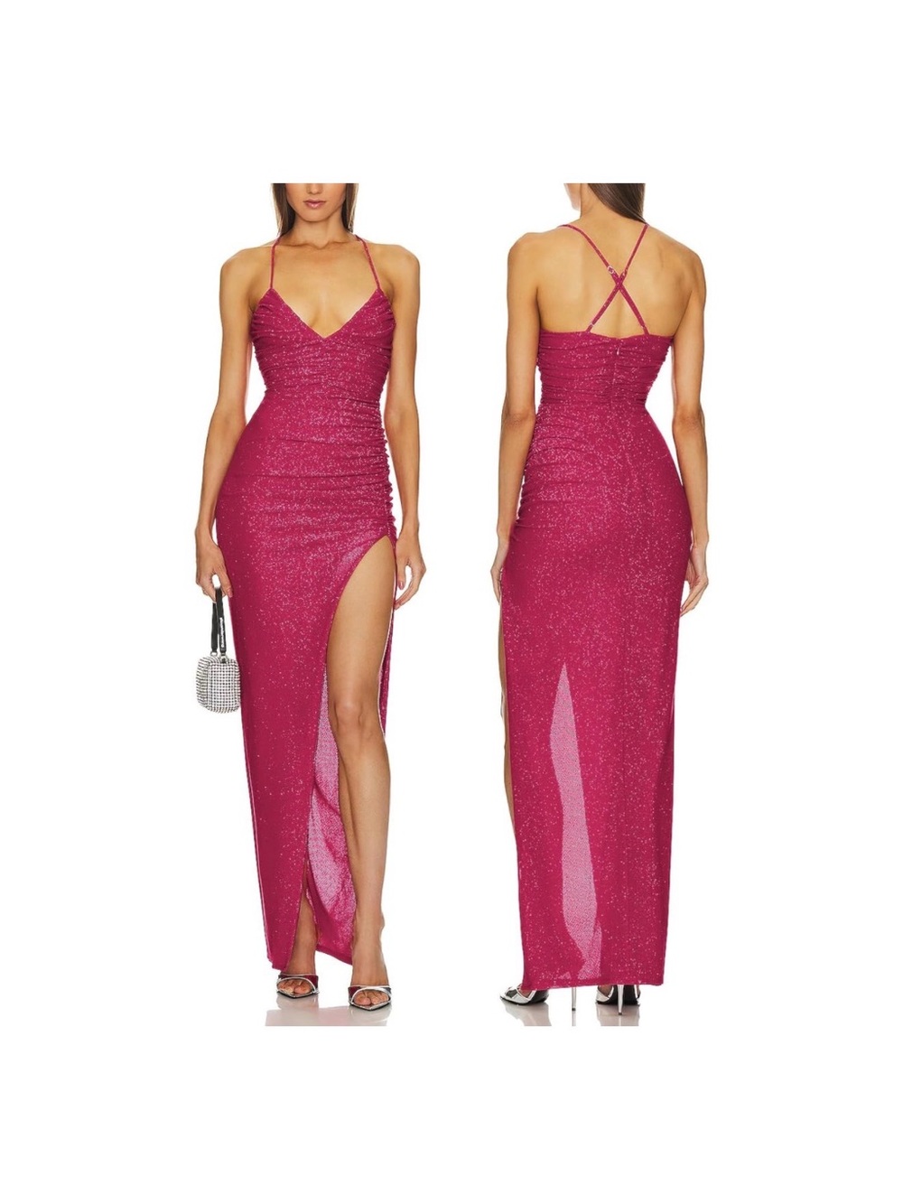Fuchsia Sparkle Ruched Maxi Dress with High Slit